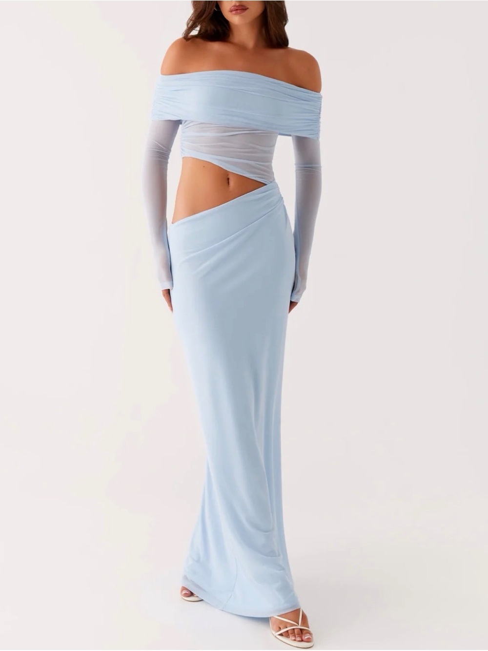 Peppermayo Emery Blue Off Shoulder Cutout Mesh Maxi Dress XS
